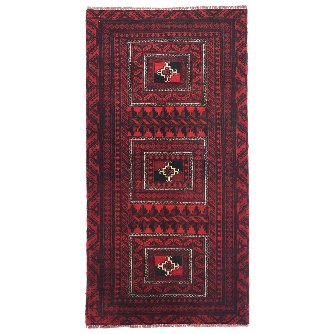 Oriental carpet handmade entryway decor with red tribal geometric design. (1 of 11)