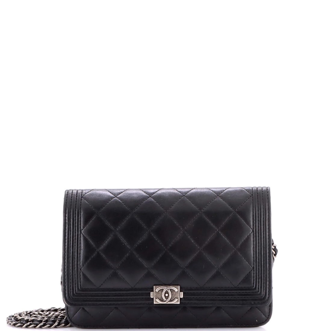 Chanel Quilted Lambskin Wallet on Chain: Chanel Quilted Lambskin Wallet on Chain A rare and coveted Chanel Quilted Lambskin Wallet on Chain, this black leather cross-body bag boasts the iconic quilted design and sleek chain strap that