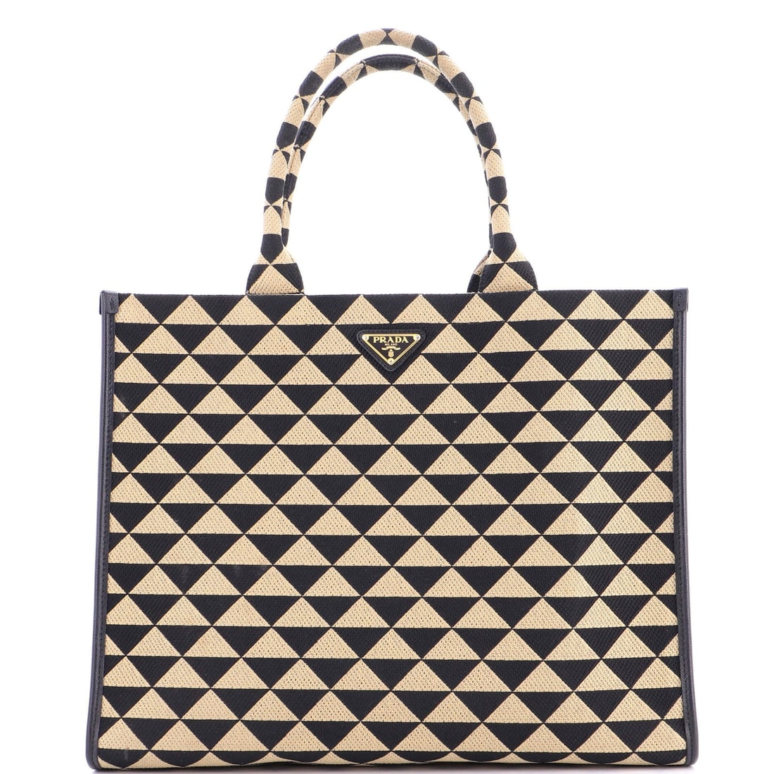 Prada Shopper Large Jacquard Tote: Prada Shopper Large Jacquard Tote The Prada Shopper Large Jacquard Tote is a timeless and sophisticated accessory, boasting a striking black exterior with intricate Jacquard detailing. With its