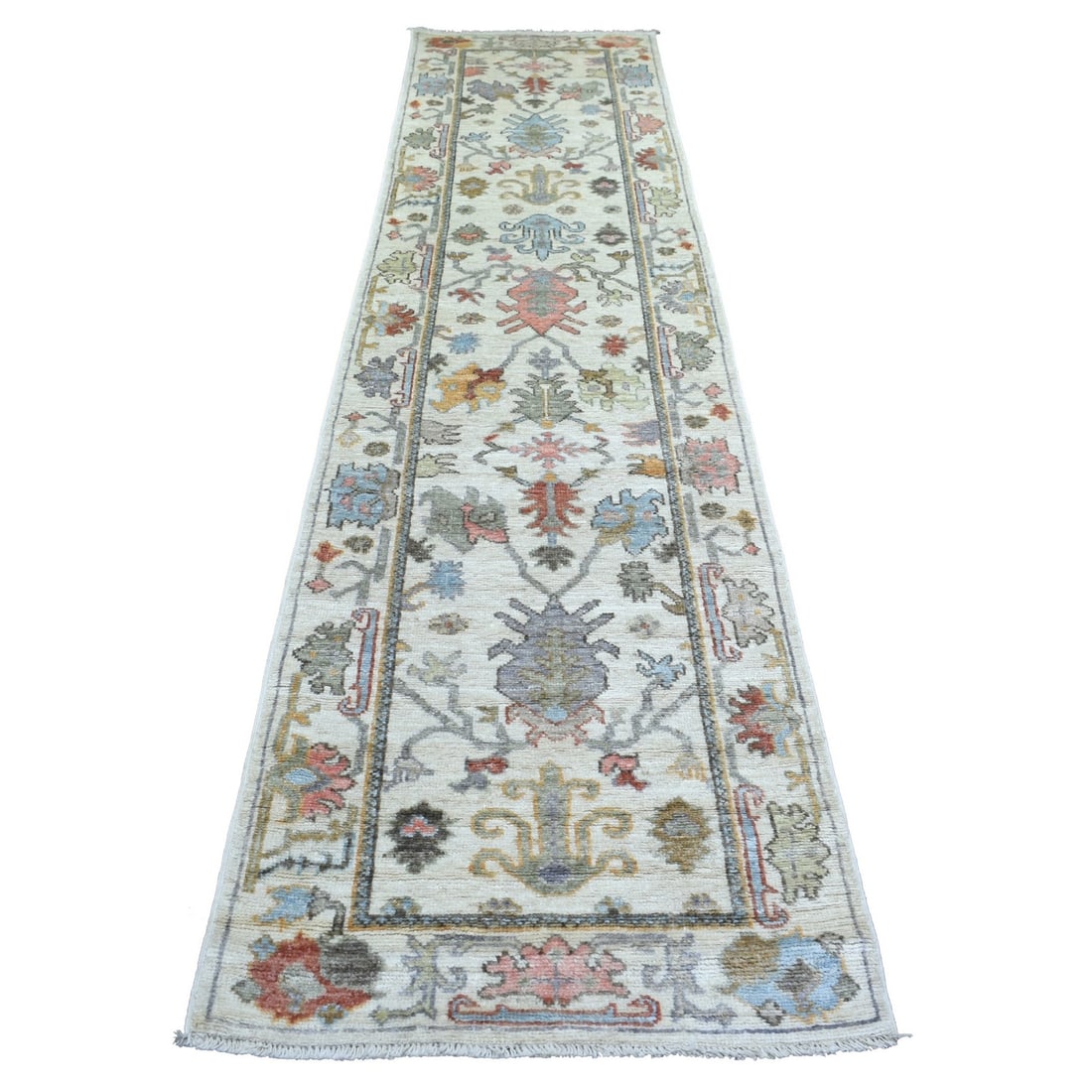 2'8"x11'8" Ivory Leaf Design Hand Knotted Angora Oushak Wool Runner Rug: 2'8"x11'8" Ivory Leaf Design Hand Knotted Angora Oushak Wool Runner Rug Experience the rich beauty of Afghan craftsmanship with this stunning 2'8"x11'8" Ivory Leaf Design Hand Knotted Angora Oushak