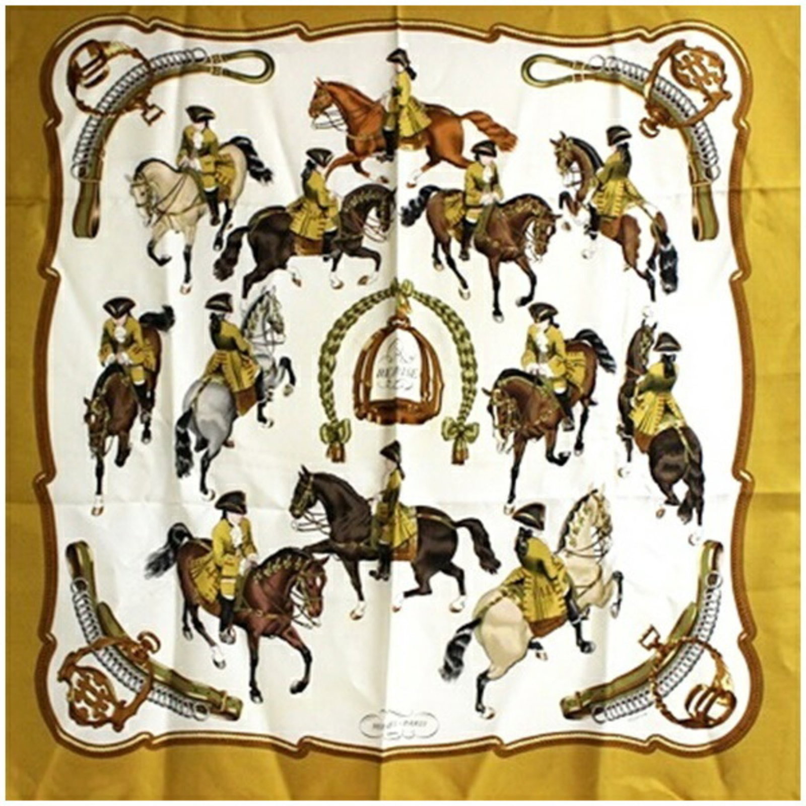 Hermes silk scarf: Hermes silk scarf A pre-owned Hermes silk scarf in rich mustard and crisp white hues, crafted from luxurious silk fabric. With its classic design and timeless color palette, this scarf is perfect for