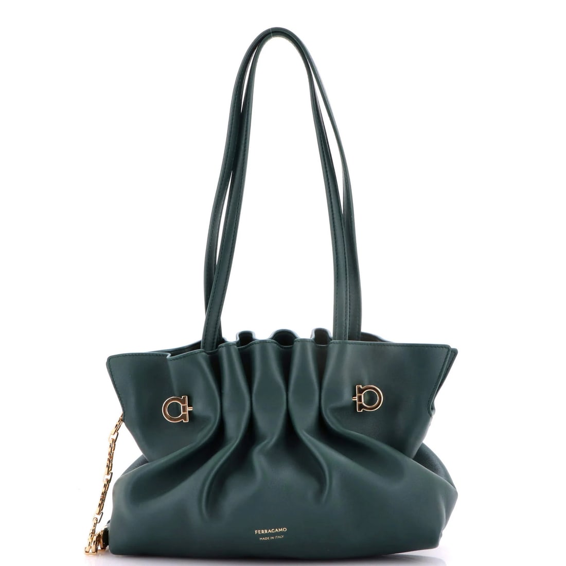 Salvatore Ferragamo Soft Bag Leather Small: Salvatore Ferragamo Soft Bag Leather Small Experience the timeless elegance of Salvatore Ferragamo's Soft Bag Leather Small, crafted from rich green leather that exudes sophistication and poise. With
