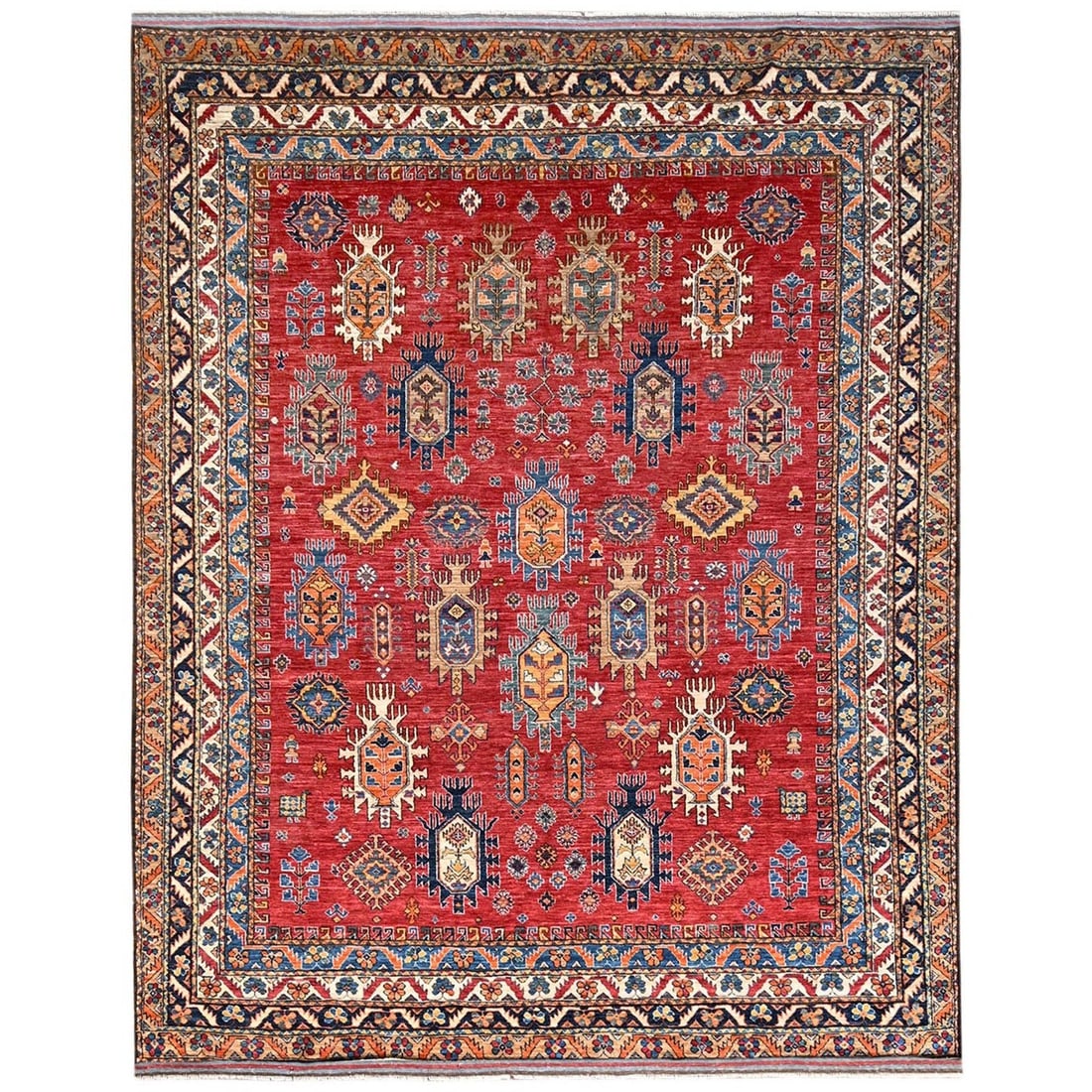 8'1"x9'9" Red Afghan Ersari with Turkish Knot Hand Knotted Soft Wool Rug: 8'1"x9'9" Red Afghan Ersari with Turkish Knot Hand Knotted Soft Wool Rug Experience the rich beauty of traditional Afghan craftsmanship with this stunning 8'1"x9'9" Red Ersari rug, hand-knotted from s