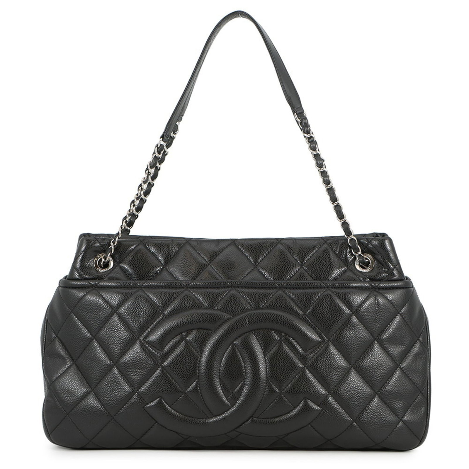 Chanel Handbag, Tote Bag Grained Calfskin: Chanel Handbag, Tote Bag Grained Calfskin Experience the timeless elegance of a classic Chanel tote, crafted from rich grained calfskin in sleek black. With its silver hardware and magnetic closure, t