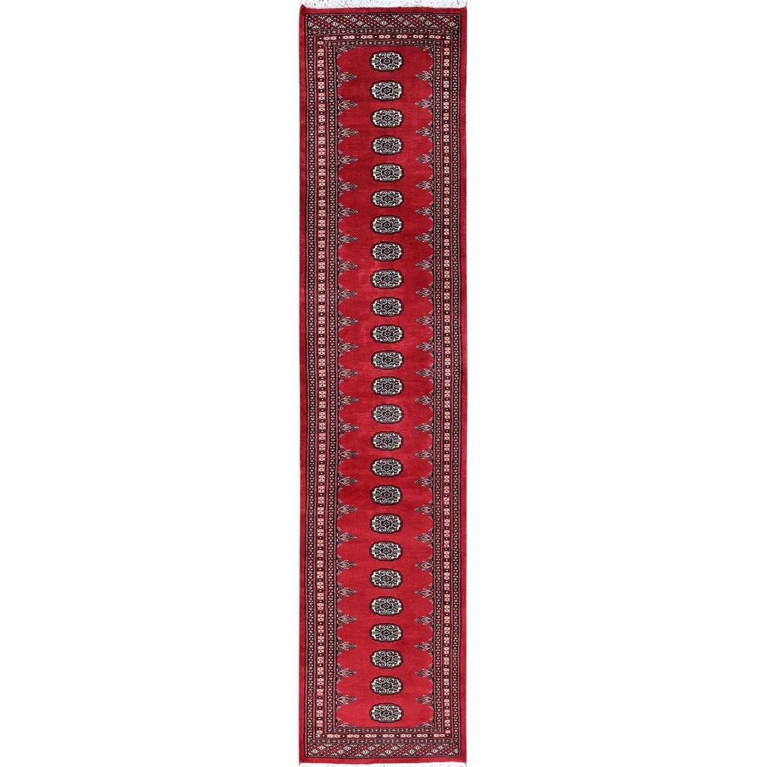 2'6"x12'5" Ajax Red Princess Bokara Soft Wool Hand Knotted Runner Rug: 2'6"x12'5" Ajax Red Princess Bokara Soft Wool Hand Knotted Runner Rug Experience the rich beauty of Afghan craftsmanship with this stunning 2'6"x12'5" Ajax Red Princess Bokara Soft Wool Hand Knotted