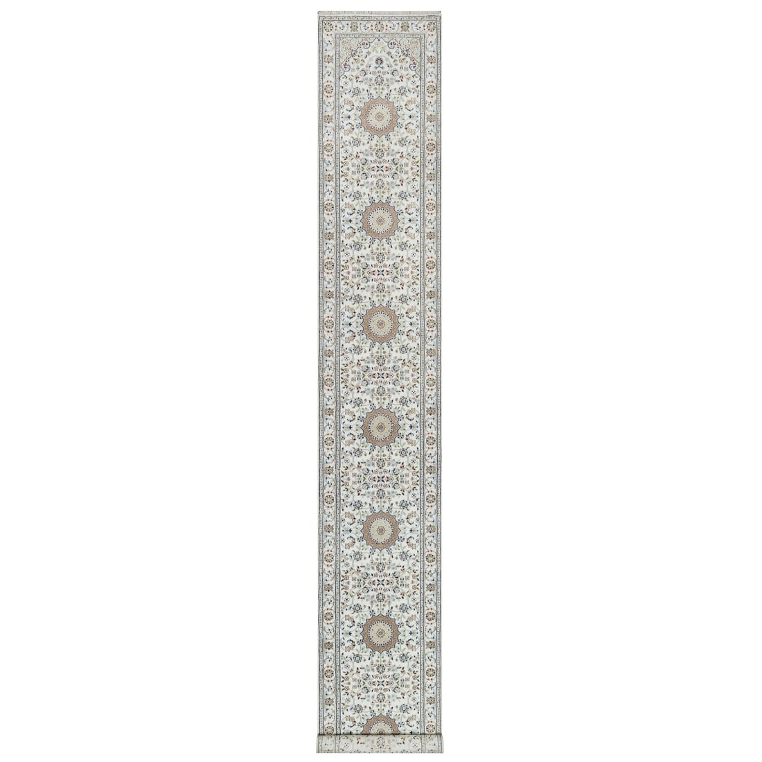 2'8"x17'8" Daisy White Nain 250 KPSI Hand Knotted Wool & Silk Runner Rug: 2'8"x17'8" Daisy White Nain 250 KPSI Hand Knotted Wool & Silk Runner Rug Experience the timeless beauty of India with this stunning 17'8" long, hand-knotted wool and silk runner rug, expertly crafted
