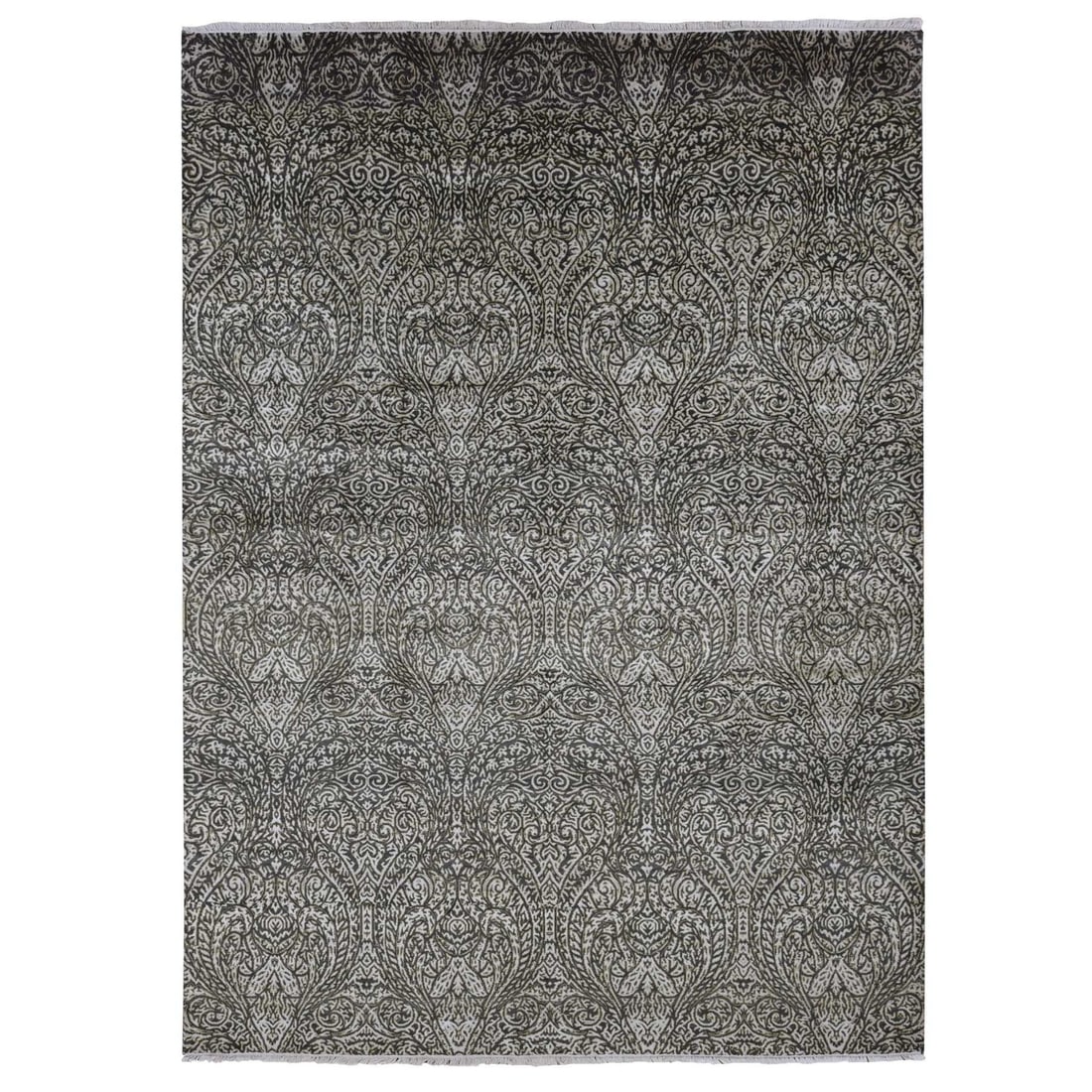 8'8"x12'3" Gray Hand Knotted Mughal Influence Wool with Real Silk Rug: 8'8"x12'3" Gray Hand Knotted Mughal Influence Wool with Real Silk Rug Experience the timeless elegance of India's rich cultural heritage with this stunning 8'8"x12'3" Gray Hand Knotted Mughal