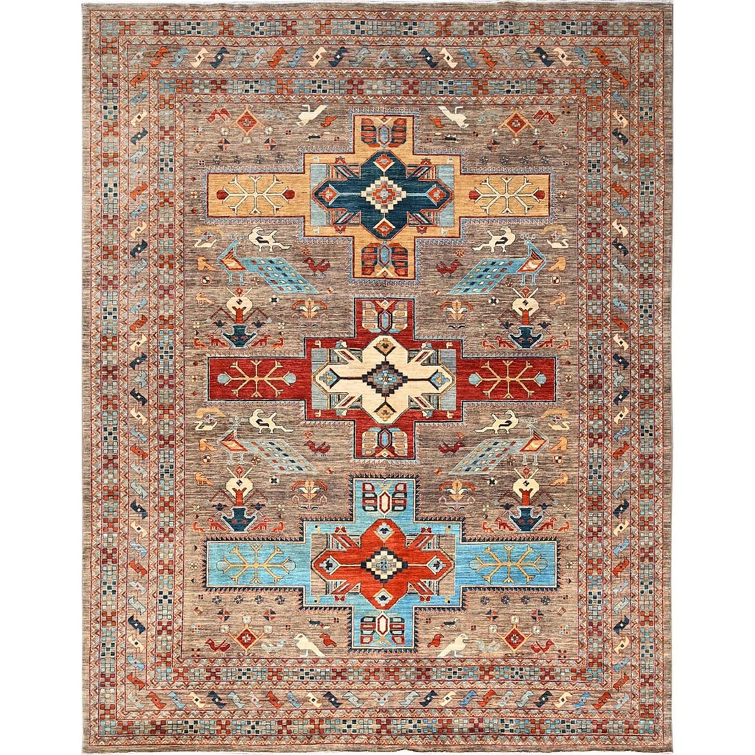 9'1"x11'6" Taupe Armenian Inspired Caucasian Design Wool Hand Knotted Rug: 9'1"x11'6" Taupe Armenian Inspired Caucasian Design Wool Hand Knotted Rug Experience the rich cultural heritage of Afghanistan in this stunning 9'1"x11'6" taupe Armenian-inspired Caucasian design