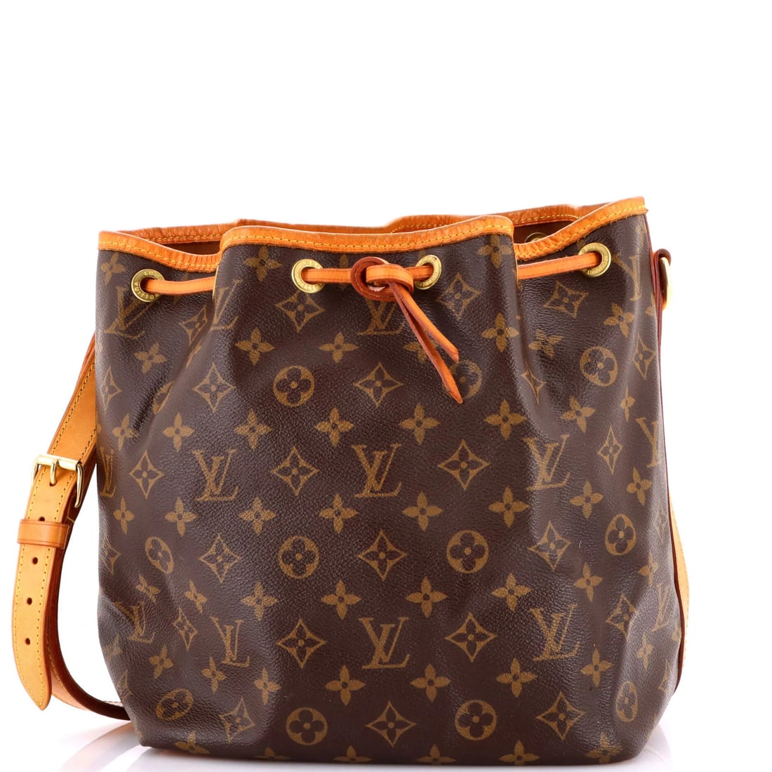 Louis Vuitton canvas monogram handbag Petit: Louis Vuitton canvas monogram handbag Petit A classic Louis Vuitton Petit Noe handbag, this timeless piece boasts the iconic monogram canvas exterior in rich brown, evoking sophistication and