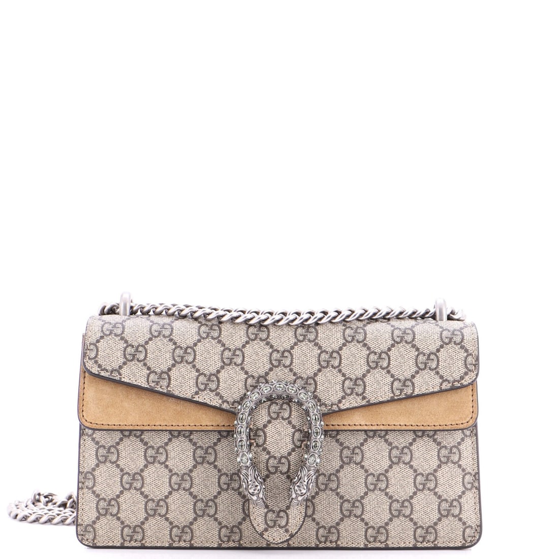 Gucci GG Coated Canvas Small Dionysus Bag with Crystal Embellished Metal: Gucci GG Coated Canvas Small Dionysus Bag with Crystal Embellished Metal Elevate your style with the iconic Gucci Dionysus Bag, boasting a striking combination of GG Coated Canvas and