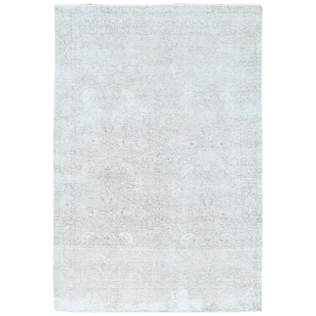 4'8"x6'2" Ivory Hand Knotted Vintage Farsian Tebraz Worn Wool Rug: 4'8"x6'2" Ivory Hand Knotted Vintage Farsian Tebraz Worn Wool Rug Experience the timeless beauty of a vintage Farsian Tebraz rug, hand-knotted in worn wool and crafted with traditional Turkish