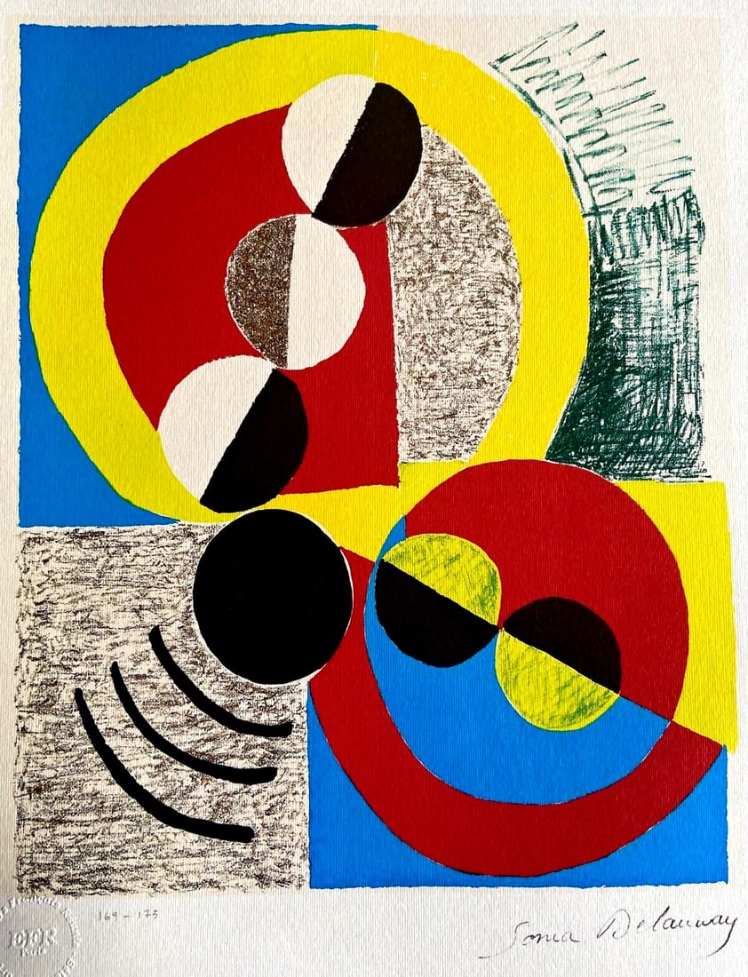 Sonia Delaunay lithograph is stamped numbered 175.: Sonia Delaunay lithograph is stamped numbered 175. Sonia Delaunay's vibrant lithograph, "Terrible Jojo", is a rare and unique piece from 1994, featuring the artist's signature bold style. Printed by