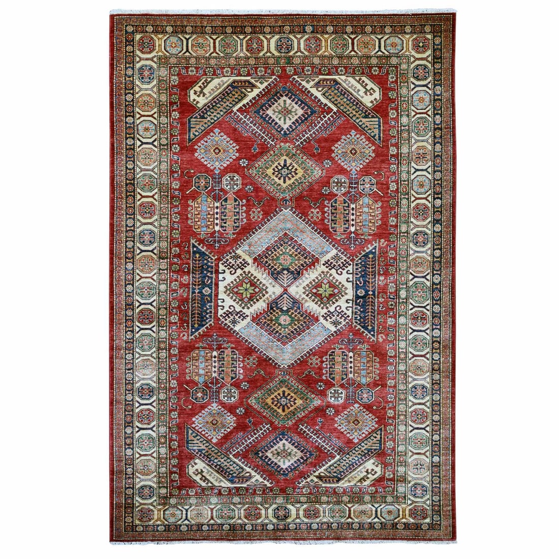5'10"x9' Lychee Red Super Kazak Geometric Design Hand Knotted Wool Rug (1 of 6)