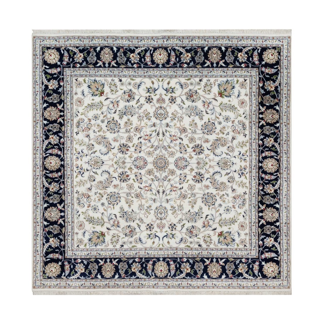 7'9"x7'9" White Nain Flower Design Wool and Silk Hand Knotted Square Rug (1 of 11)