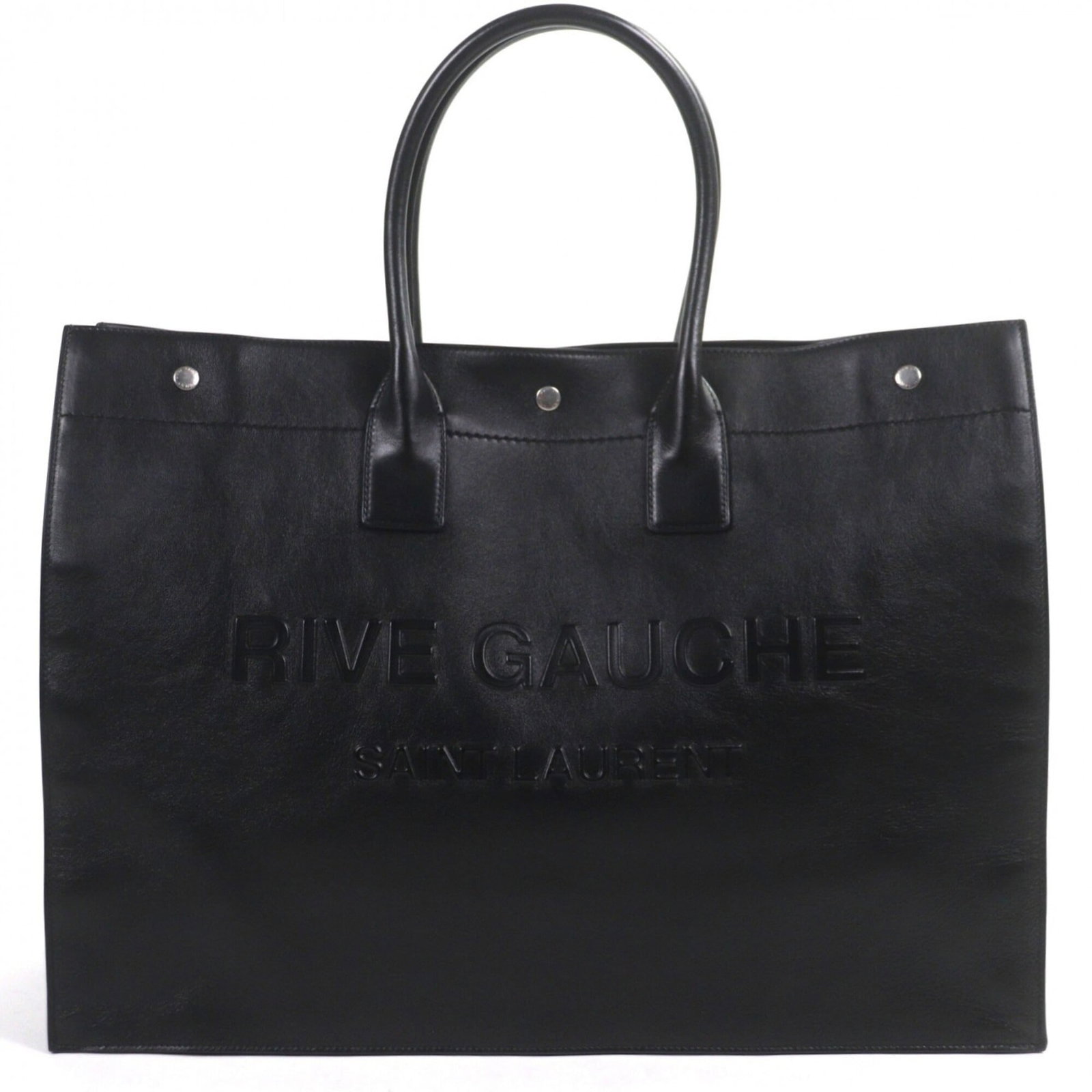 Saint Laurent Tote Leather Bag: Saint Laurent Tote Leather Bag Experience the timeless elegance of Saint Laurent's iconic tote bag, crafted from rich black leather and adorned with a sleek snap fastener closure. With its spacious