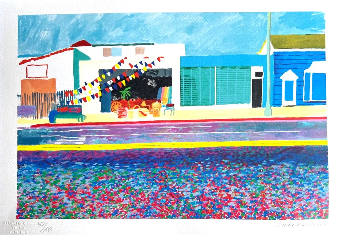 David Hockney is a numbered lithograph of Santa Monica: David Hockney is a numbered lithograph of Santa Monica Experience the vibrant Pop Art style of David Hockney in this stunning numbered lithograph, "Santa Monica Blvd", created in 1997. As part of a li