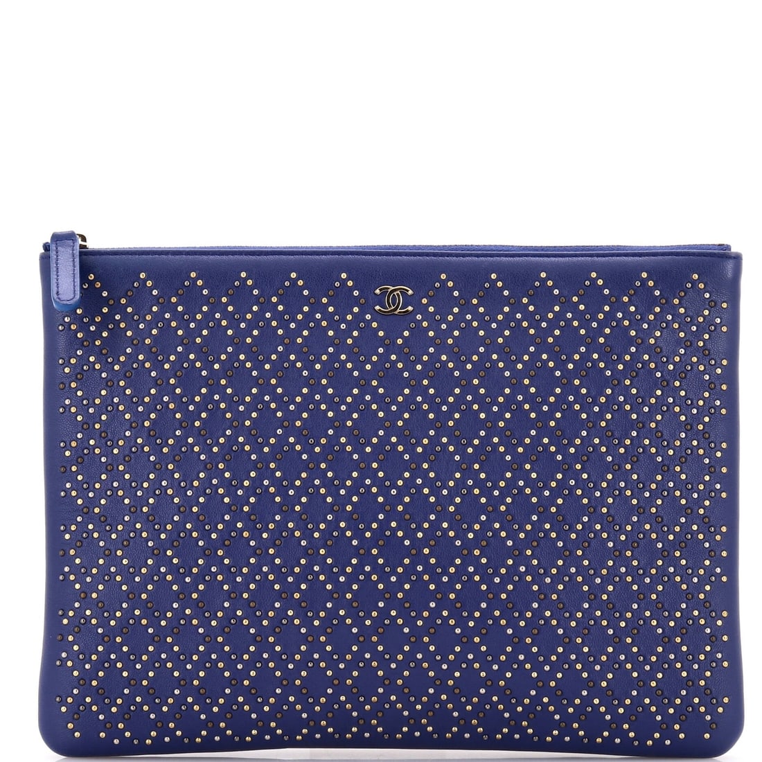 Chanel medium lambskin studded clutch case: Chanel medium lambskin studded clutch case A stunning Chanel medium lambskin studded clutch case in rich blue, exuding timeless sophistication and glamour. With its luxurious leather exterior,