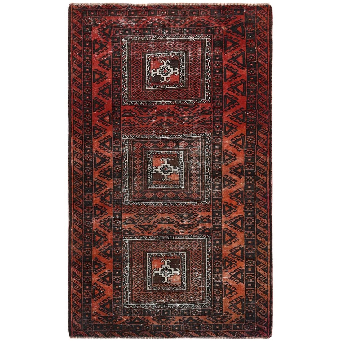 3'7"x6'5" Red Old Farsian Balooch Hand Knotted Wool Worn Down Clean Rug: 3'7"x6'5" Red Old Farsian Balooch Hand Knotted Wool Worn Down Clean Rug Experience the rich history and craftsmanship of Turkey with this stunning 1960s Farsian-style hand-knotted wool rug, measuring