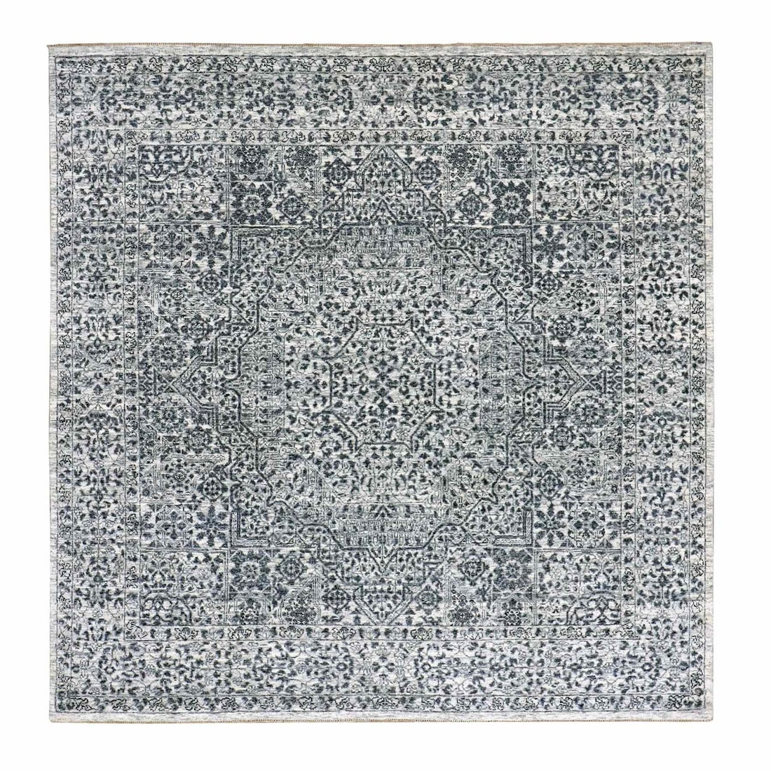 6'x6' White Mamluk Dynasty Design Undyed Wool Hand Knotted Square Rug: 6'x6' White Mamluk Dynasty Design Undyed Wool Hand Knotted Square Rug Experience the timeless beauty of Indian craftsmanship with this stunning 6'x6' White Mamluk Dynasty Design Undyed Wool Hand