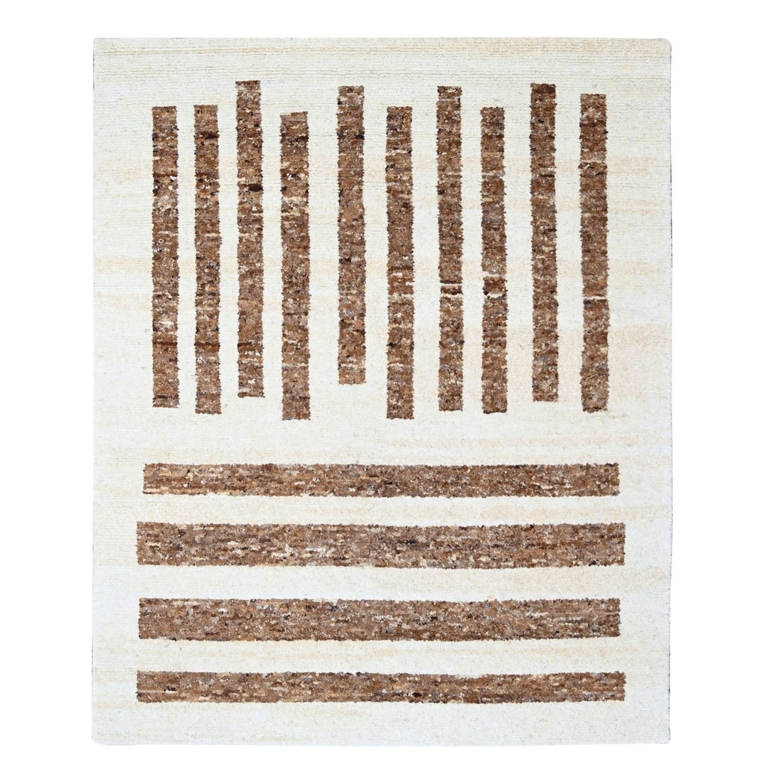 8'3"x9'9" Beaver Brown Minimalist Stripe Hand Knotted Wool Oriental Rug (1 of 12)