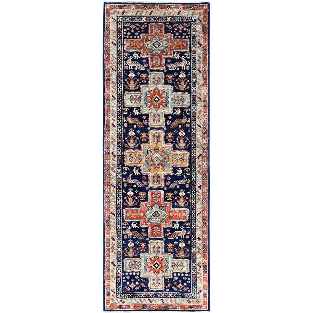 2'7"x7'9" Blue Runner Armenian Inspired Caucasian Design Wool Oriental Rug (1 of 7)