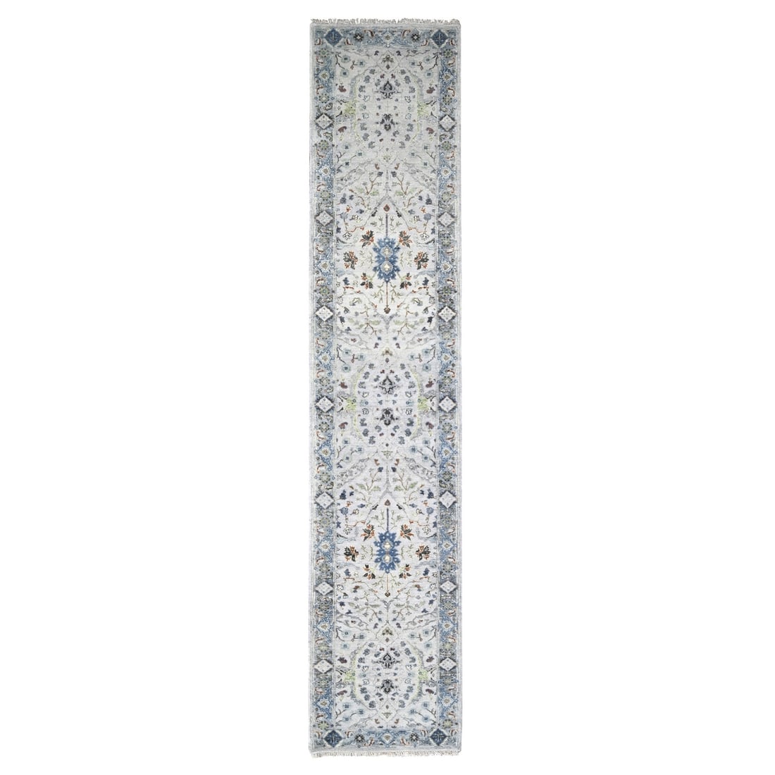 2'6"x11'9" Ivory Oushak with Floral Motifs Hand Knotted Wool Runner Rug: 2'6"x11'9" Ivory Oushak with Floral Motifs Hand Knotted Wool Runner Rug Experience the timeless beauty of Indian craftsmanship with this stunning 2'6"x11'9" Ivory Oushak rug, hand-knotted from soft