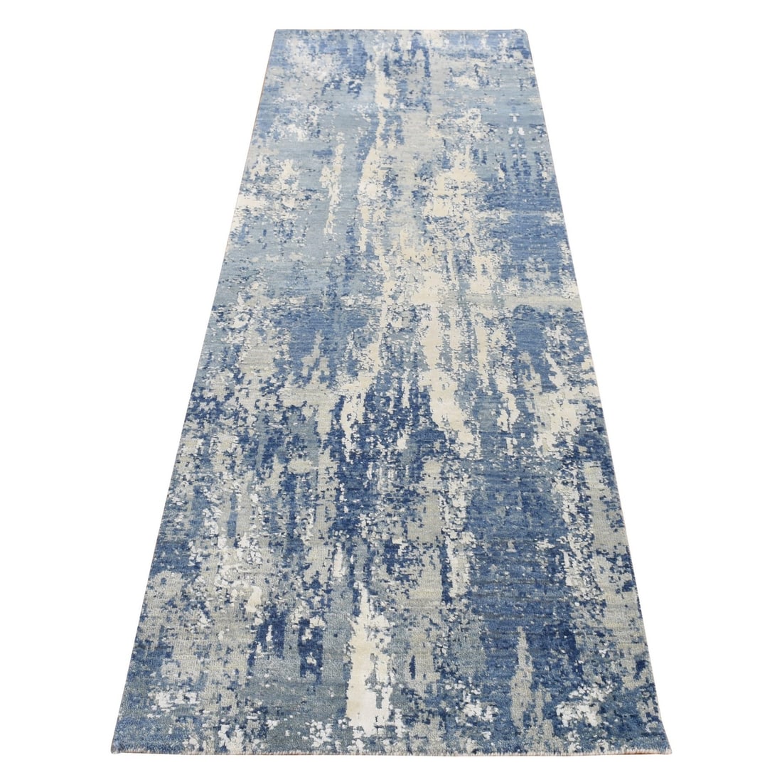 2'6"x8'3" Blue Abstract Design Wool and Silk Hand Knotted Runner Rug (1 of 7)