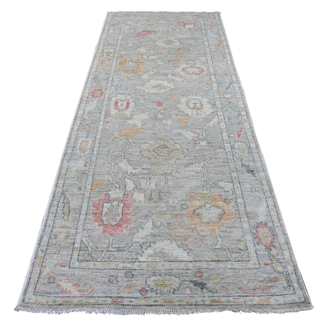 4'x9'8" Gray Wool Afghan Angora Oushak Hand Knotted Runner Oriental Rug (1 of 6)