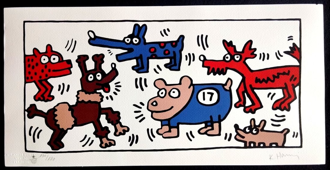 Keith Haring lithograph from a numbered painting: Keith Haring lithograph from a numbered painting A rare opportunity to own an original piece of Keith Haring's iconic Pop Art style, this numbered lithograph from 1989 showcases the artist's beloved c