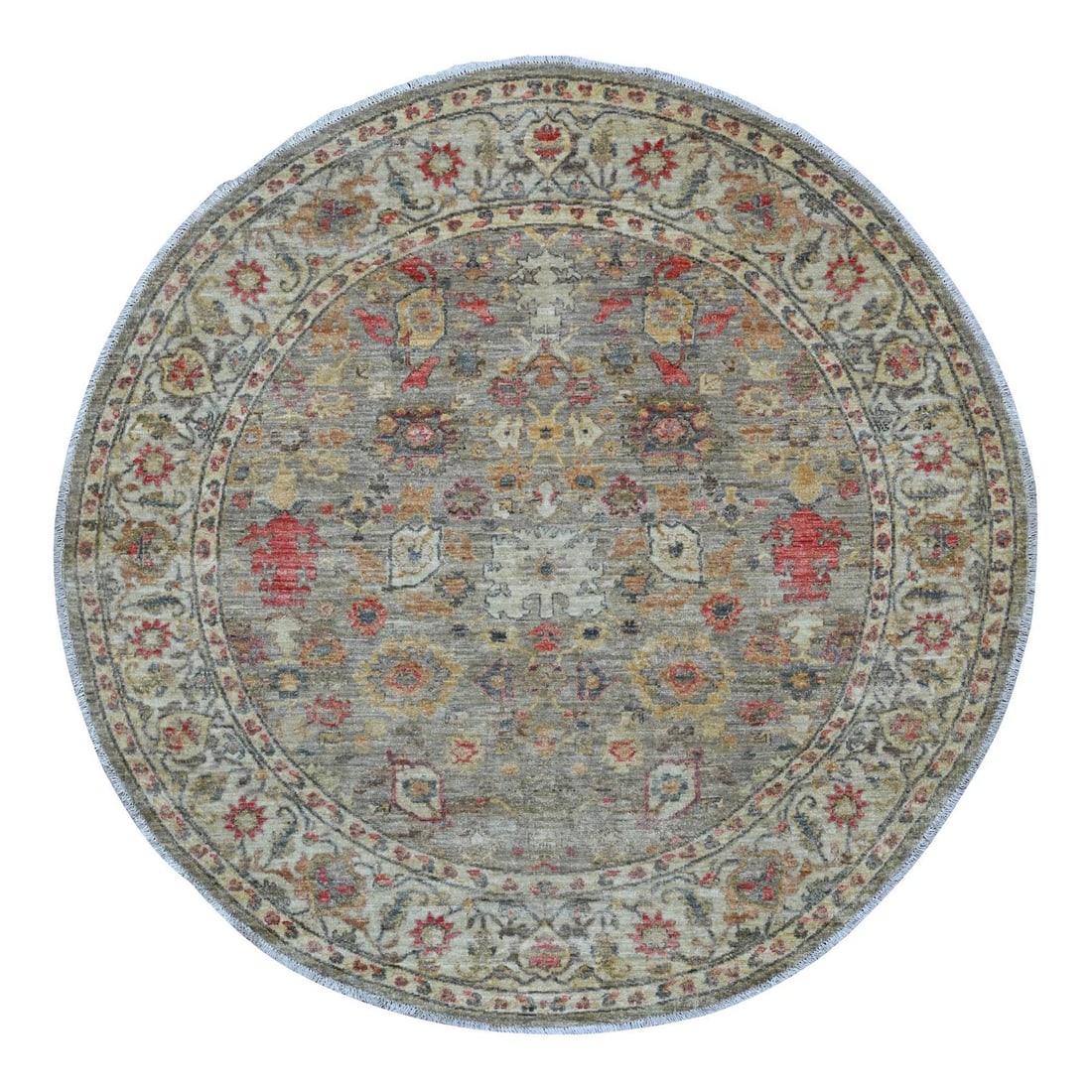 6'x6' Gray, Peshawar with Ziegler Mahal Design Hand Knotted Wool Round Rug: 6'x6' Gray, Peshawar with Ziegler Mahal Design Hand Knotted Wool Round Rug Experience the timeless beauty of traditional Afghan craftsmanship with this stunning 6'x6' Peshawar-style rug, hand-knotted 