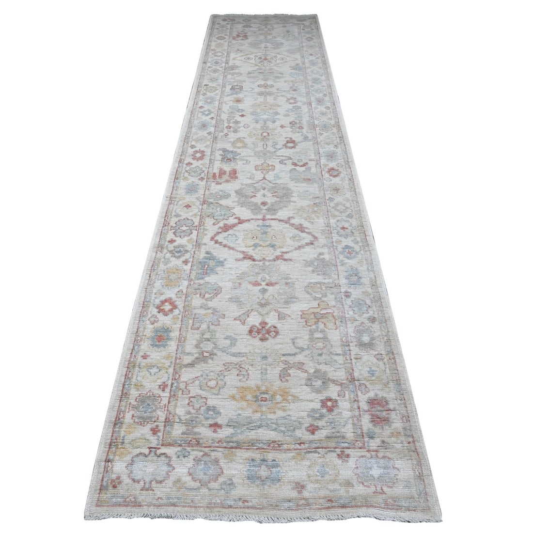 3'x13'6" Alabaster White Wool Foundtion Runner Angora Oushak Oriental Rug (1 of 6)