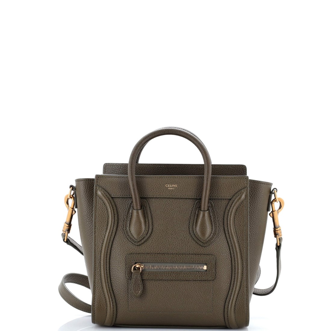 Celine Grainy Leather Nano Luggage Bag: Celine Grainy Leather Nano Luggage Bag Elevate your travel style with the Celine Grainy Leather Nano Luggage Bag, boasting a chic green exterior and luxurious suede interior. Its compact nano size
