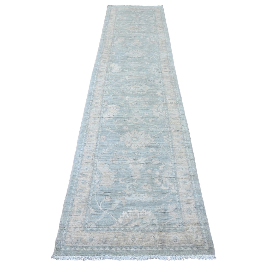 2'8"x11'7" Gray Stone Washed Peshawar Hand Knotted Pure Wool Runner Rug: 2'8"x11'7" Gray Stone Washed Peshawar Hand Knotted Pure Wool Runner Rug Experience the rich beauty of traditional Afghan craftsmanship with this stunning 2'8"x11'7" Peshawar hand-knotted wool runner