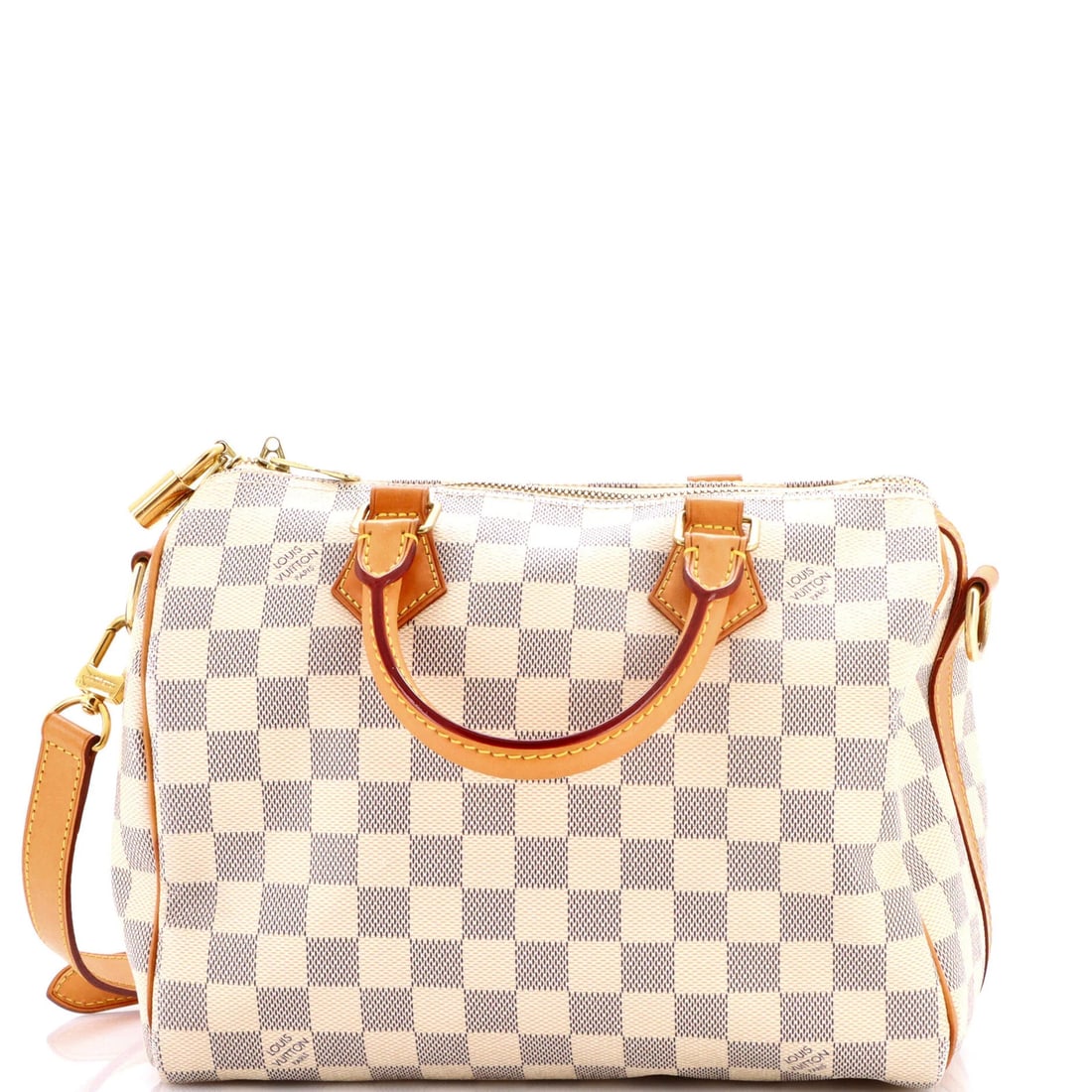 Louis Vuitton Speedy Damier Bandouliere 25 Bag: Louis Vuitton Speedy Damier Bandouliere 25 Bag The iconic Louis Vuitton Speedy Damier Bandouliere 25 is a timeless satchel that exudes effortless chic. With its crisp white canvas exterior, gold