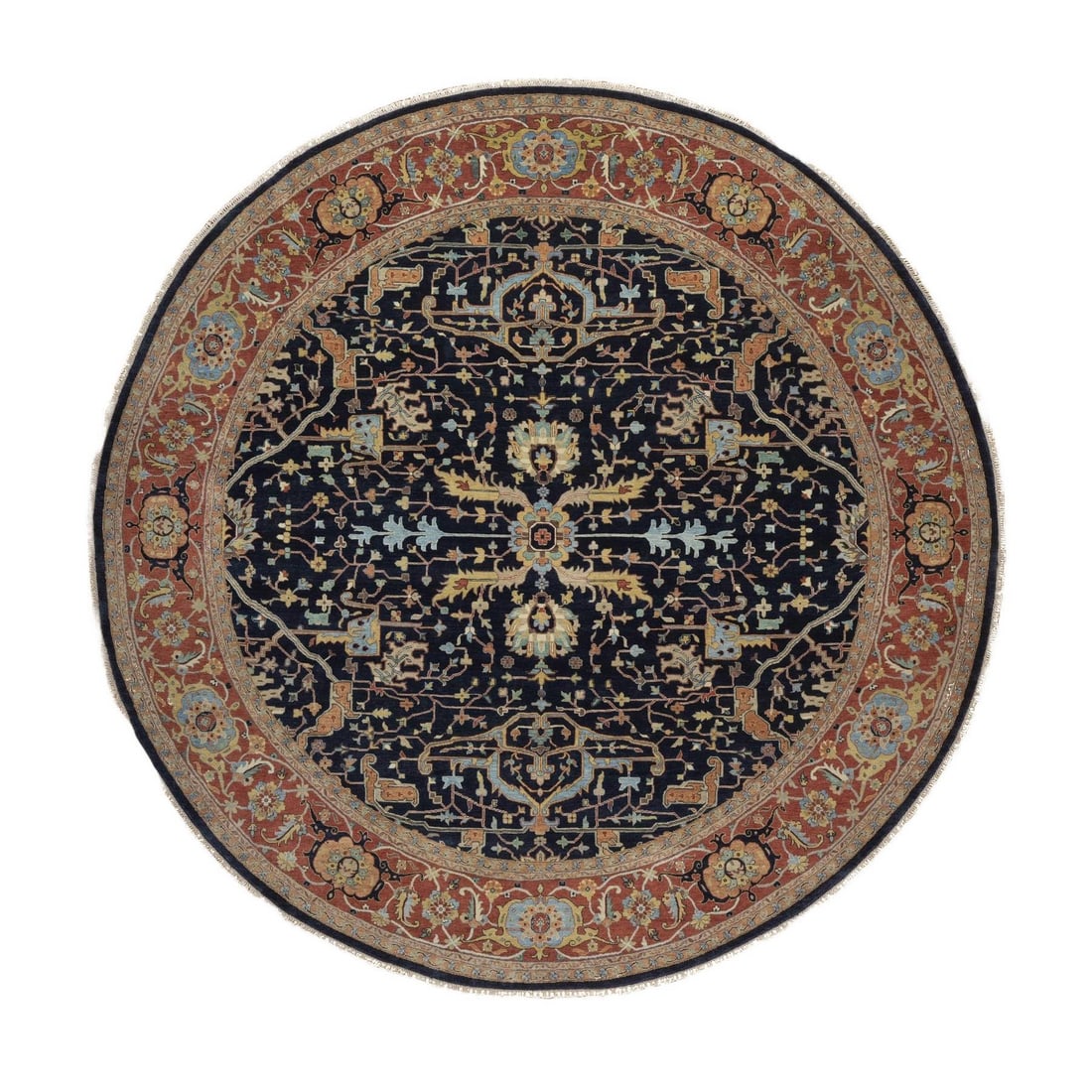Fine Hand Knotted Midnight Blue Heris Wool Round Re Creation 12'x12' Rug: Fine Hand Knotted Midnight Blue Heris Wool Round Re Creation 12'x12' Rug Experience the timeless beauty of India's rich heritage with this stunning, hand-knotted midnight blue Heris wool rug. Measurin