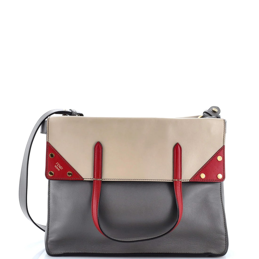 Fendi flip leather tote.: Fendi flip leather tote. Elevate your style with the iconic Fendi flip leather tote, boasting sleek gray exterior and luxurious interior in matching microfiber. The classic design is complemented by g