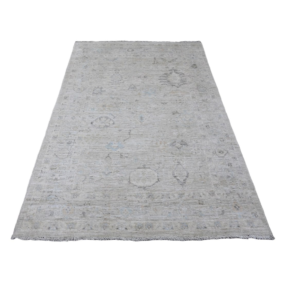 5'x6'10" Gray Afghan Angora Oushak All Over Pattern Hand Knotted Wool Rug: 5'x6'10" Gray Afghan Angora Oushak All Over Pattern Hand Knotted Wool Rug Experience the timeless beauty of Afghan craftsmanship in this stunning 5'x6'10" Oushak-style rug, hand-knotted from rich