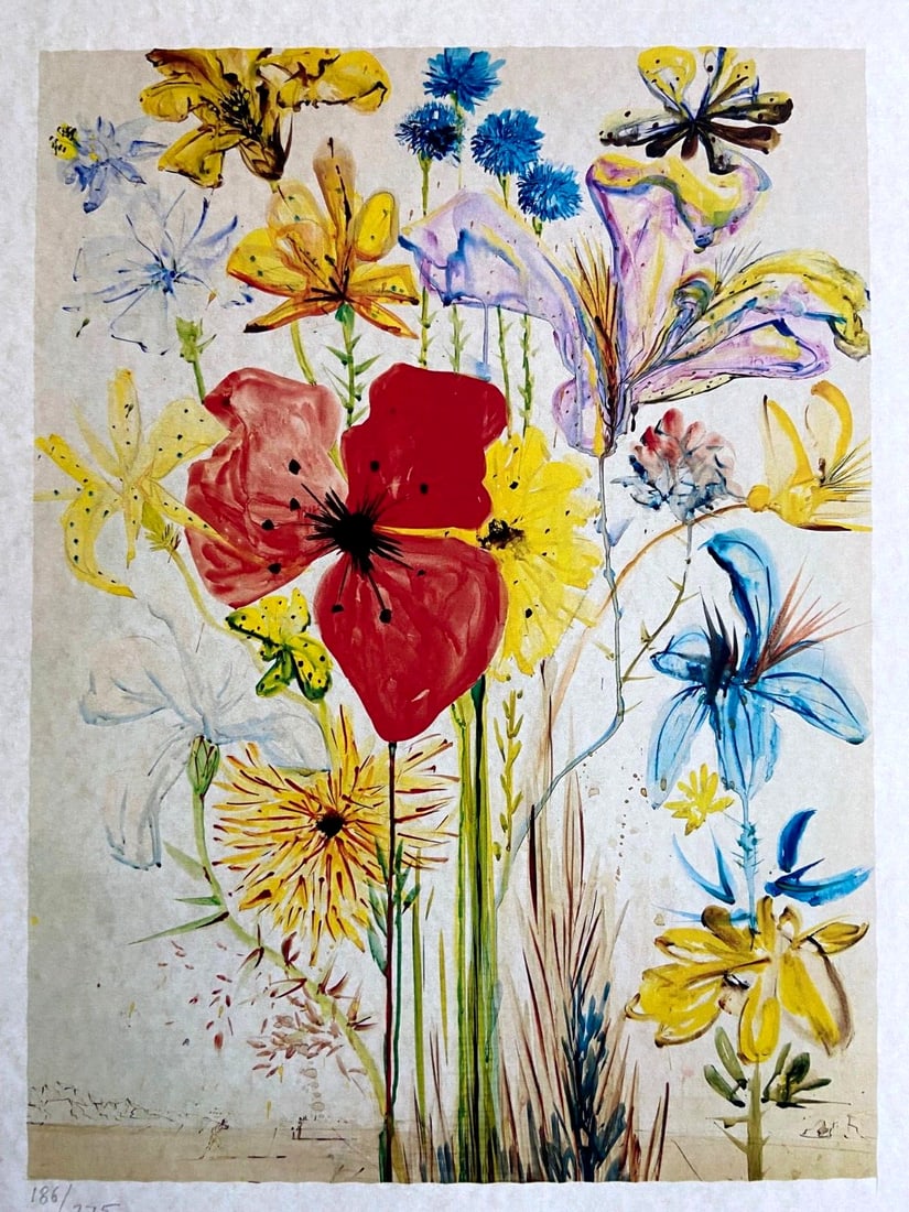 Salvador Dal is a numbered lithograph.: Salvador Dal is a numbered lithograph. Own a piece of surrealist art history with Salvador Dal's stunning lithograph, "Summer flowers in a surreal landscape", printed in 1986. This highly sought-after