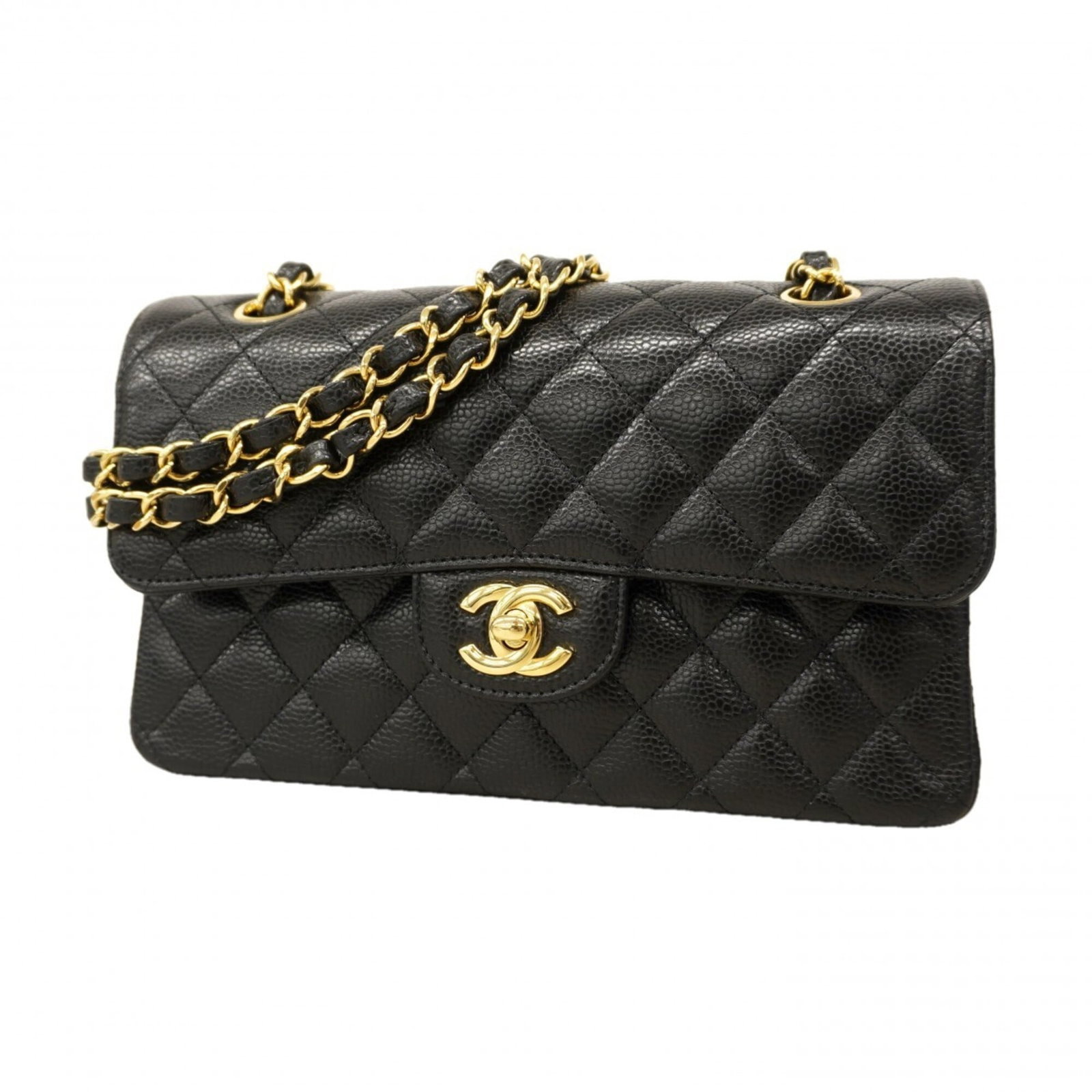 Calfskin Chanel Shoulder Bag: Calfskin Chanel Shoulder Bag A timeless Chanel shoulder bag, crafted from rich grained calfskin and adorned with elegant gold hardware, adds sophistication to any outfit. With its classic design and p