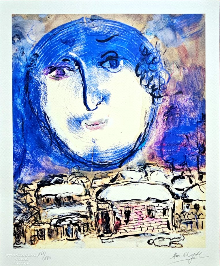Marc Chagall Lithograph Numbered limited Museum: Marc Chagall Lithograph Numbered limited Museum Experience the dreamlike world of Marc Chagall with this stunning lithograph, "The face of the moon", a numbered limited edition print from 1978. Handma