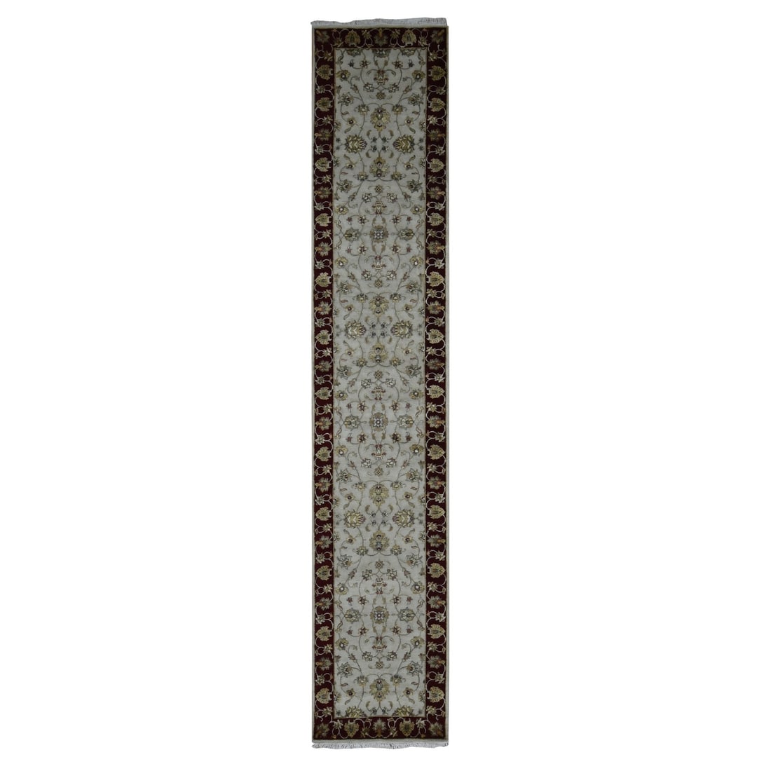 2'8"x14'1" Ivory Rajasthan Design Half Wool and Half Silk XL Runner Rug: 2'8"x14'1" Ivory Rajasthan Design Half Wool and Half Silk XL Runner Rug Experience the rich heritage of India with this stunning 14'1" x 2'8" hand-knotted ivory Rajasthan design rug, expertly crafted
