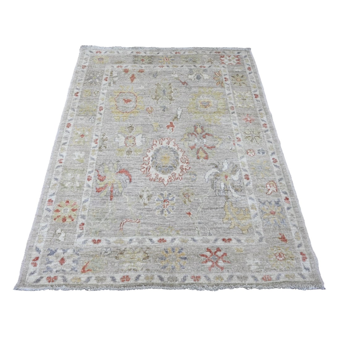 4'1"x5'9" Gray Hand Knotted Afghan Angora Oushak Leaf Design All Wool Rug: 4'1"x5'9" Gray Hand Knotted Afghan Angora Oushak Leaf Design All Wool Rug Experience the rich heritage of Afghanistan in this stunning, hand-knotted Oushak rug, crafted from soft and durable wool.