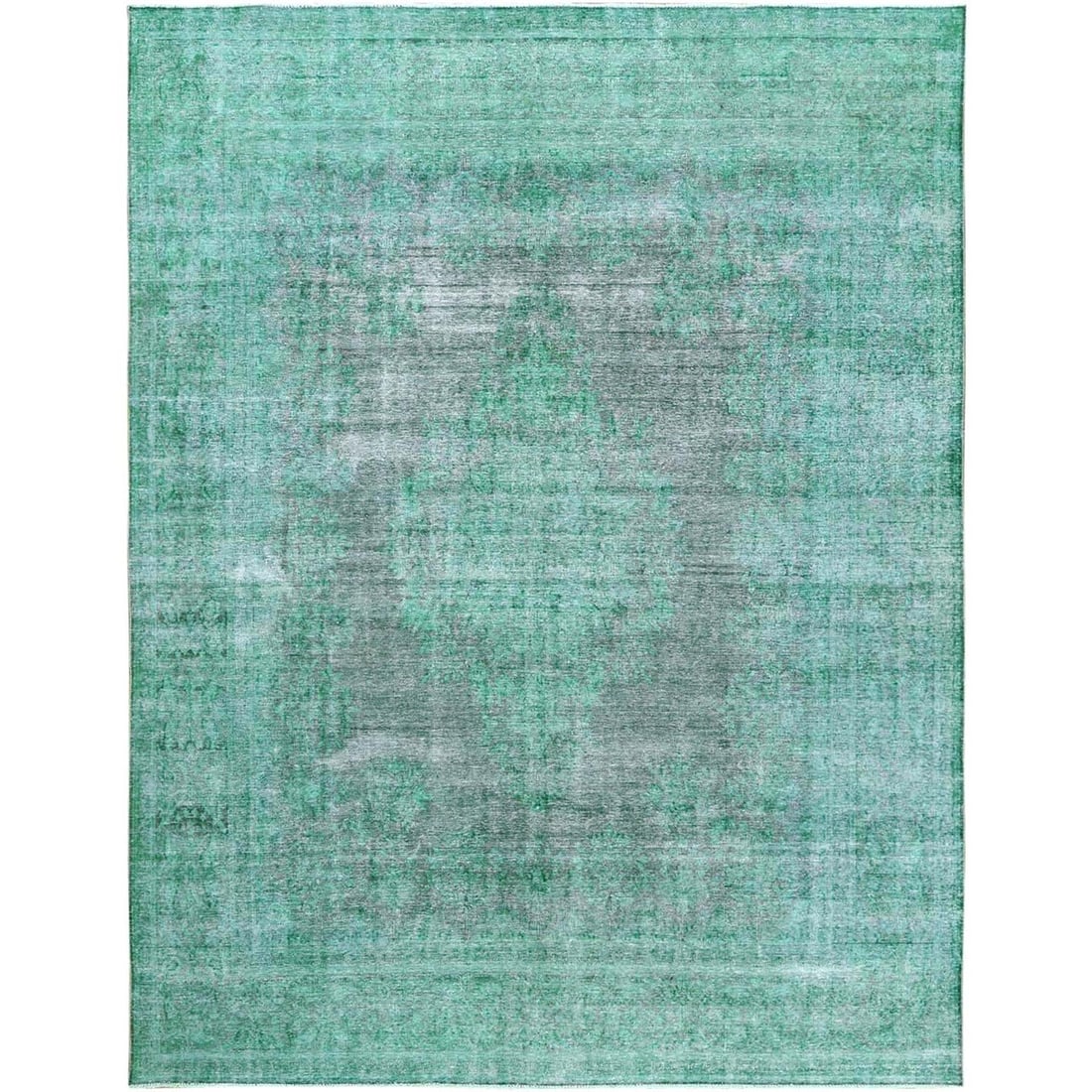 9'7"x12'5" Hand Knotted Shades of Light Green Overdyed Farsian Karman Rug: 9'7"x12'5" Hand Knotted Shades of Light Green Overdyed Farsian Karman Rug Experience the timeless elegance of a 1970 Turkish Farsian Karman rug, expertly overdyed to create a stunning shades of light
