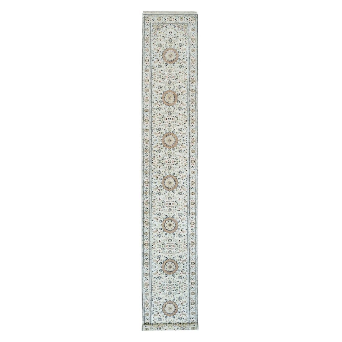 2'8"x16'7" White 250 KPSI Wool Hand Knotted Nain Design XL Runner Rug: 2'8"x16'7" White 250 KPSI Wool Hand Knotted Nain Design XL Runner Rug Experience the rich beauty of India with this stunning 16'7" x 2'8" hand-knotted wool Nain design runner rug, expertly woven in
