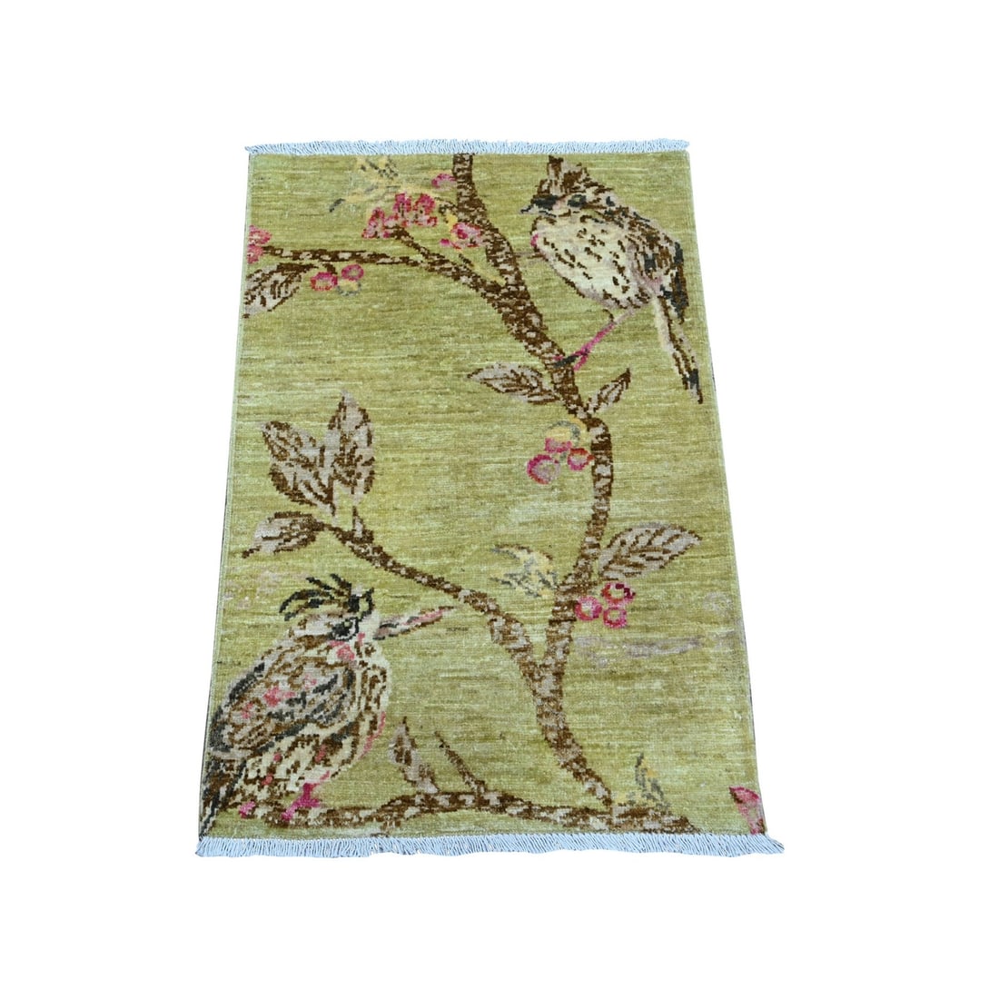 1'10"x3' Green Sparrows on the Tree Pure Wool Hand Knotted Sample Rug (1 of 6)