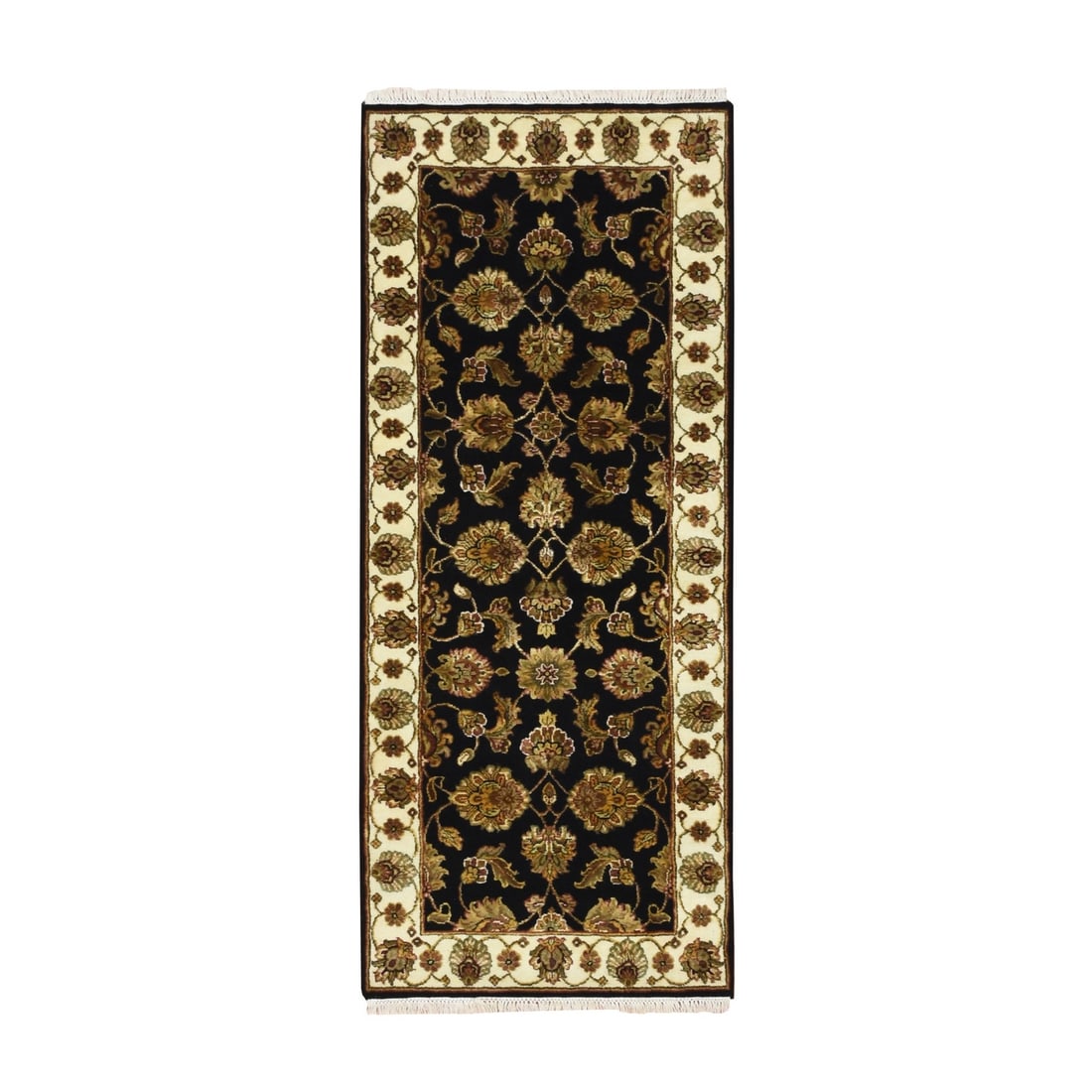 2'7"x6'2" Black Rajasthan Leaf Design Hand Knotted Wool & Silk Runner Rug (1 of 7)