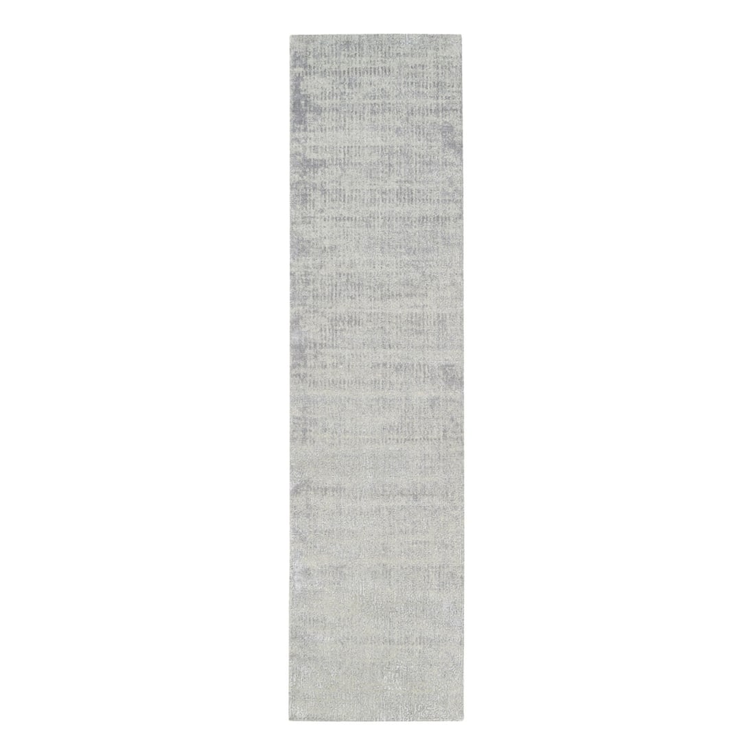 2'7"x10' Modern Wool and Silk Fine Jacquard Gray Hand Loomed Runner Rug: 2'7"x10' Modern Wool and Silk Fine Jacquard Gray Hand Loomed Runner Rug Experience the timeless elegance of India's finest craftsmanship with this stunning 2'7"x10' modern wool and silk fine Jacquard