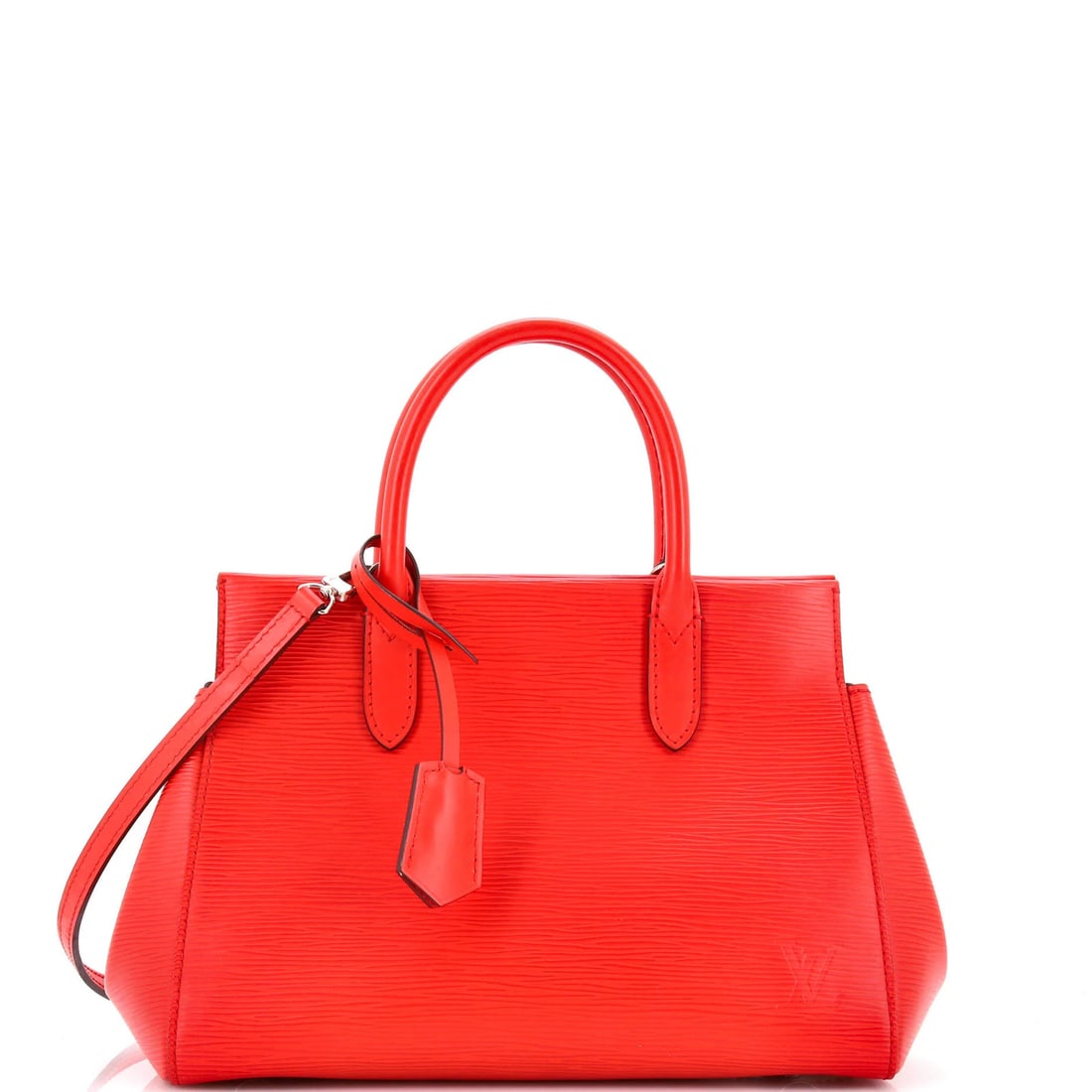 Louis Vuitton Epi Leather Marly Handbag: Louis Vuitton Epi Leather Marly Handbag A stunning Louis Vuitton Marly Handbag in bold red Epi leather, boasting sleek top handle and classic design. With its signature clochette and adjustable