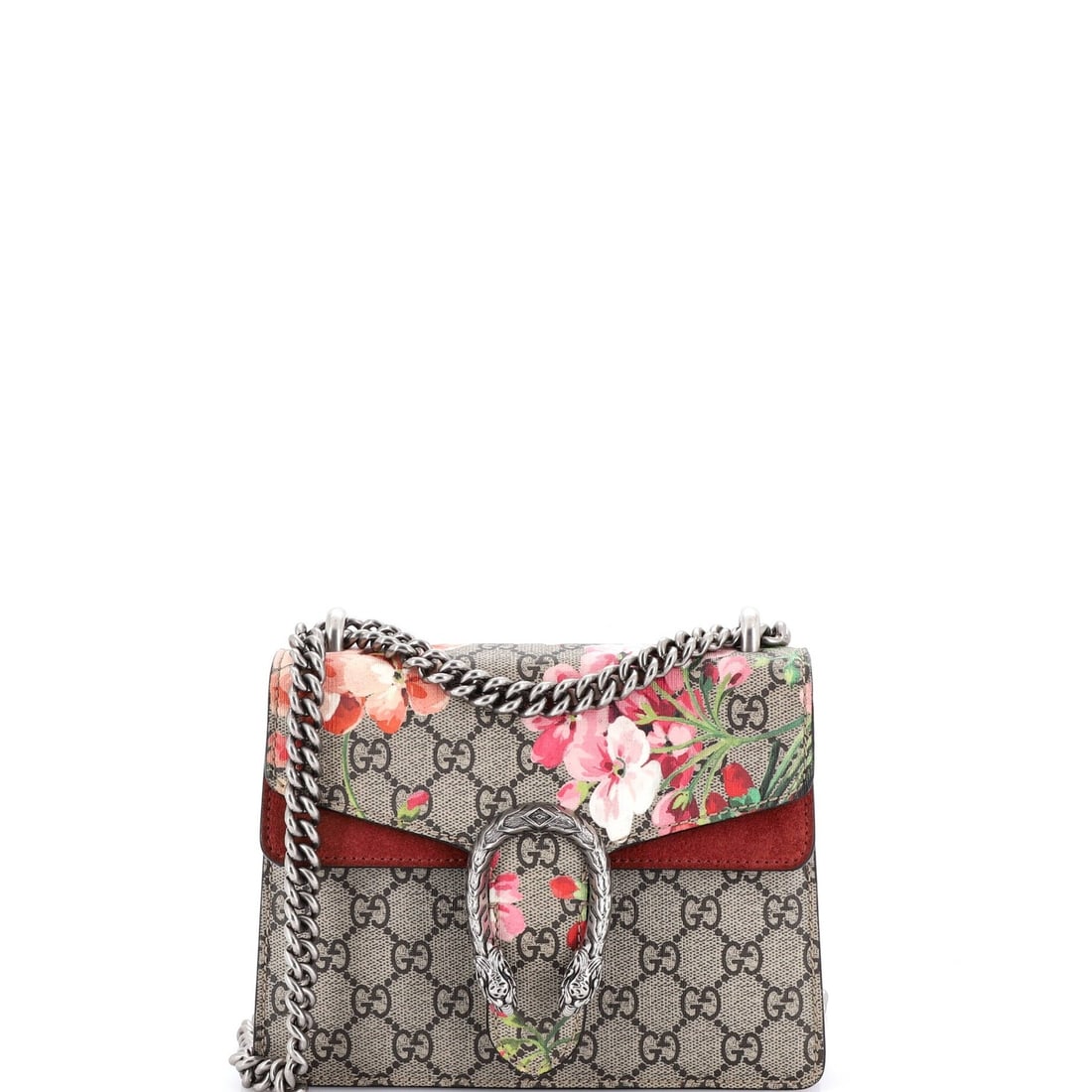 Gucci mini bag with blooms print coated canvas GG: Gucci mini bag with blooms print coated canvas GG This Gucci mini Dionysus bag boasts a beautiful blooms print coated canvas GG exterior, adding a touch of elegance to any outfit. With its signature