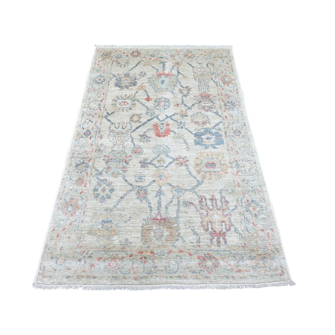 4'x6'1" Light Gray Hand Knotted Angora Oushak Leaf Design Pure Wool Rug: 4'x6'1" Light Gray Hand Knotted Angora Oushak Leaf Design Pure Wool Rug Experience the timeless beauty of Afghan craftsmanship with this stunning 4'x6'1" Light Gray Hand Knotted Angora Oushak Leaf